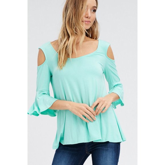 Stay Fashionable with This Trendy Open Shoulder 3/4 Bell Sleeve Top Blouse - Picture 3 of 8